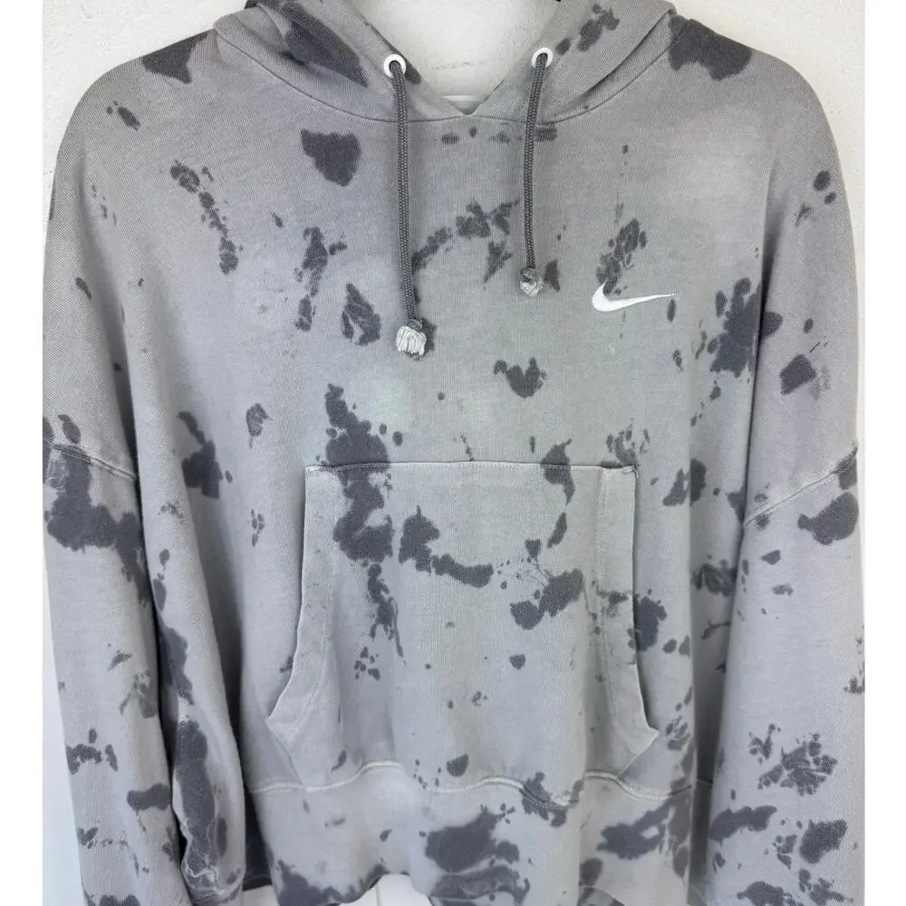 Nike Women's Oversized Cropped Hoodie Washed Jersey Black Grey Splash Dye Sz M
